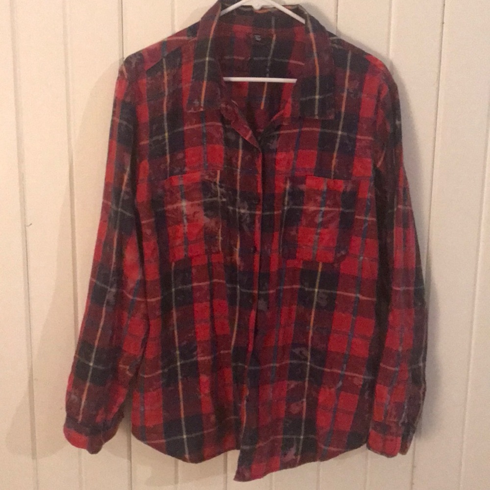 Distressed plaid red, navy, yellow, and green top